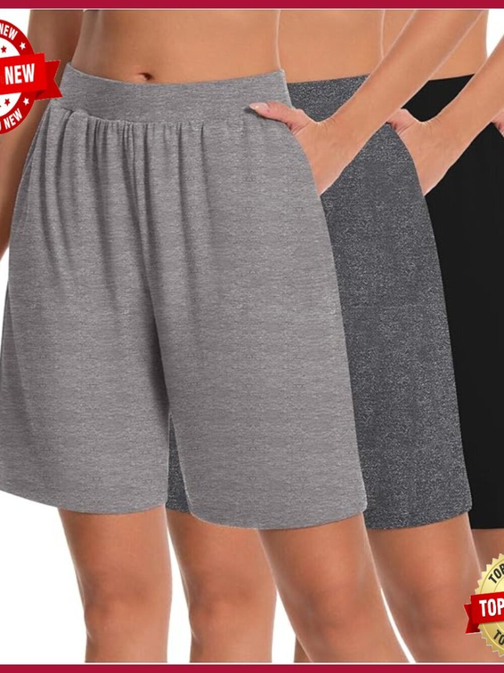 3 Pack Women's Bermuda Shorts High Waist Stretch Knee Length with Pockets